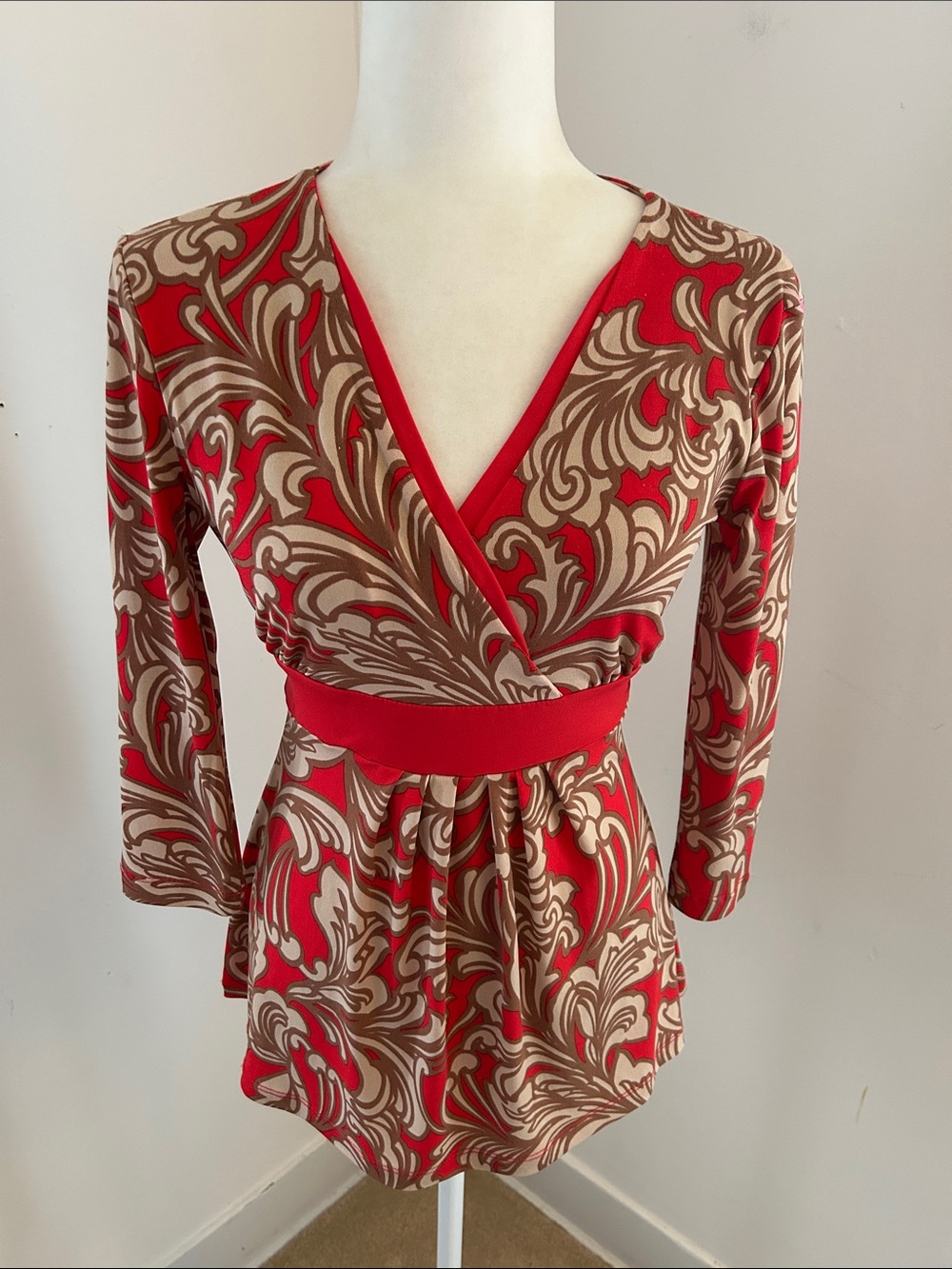 New York & Company Dark Orange/Red and Brown Wrap Peplum Tunic  sz Xs/S